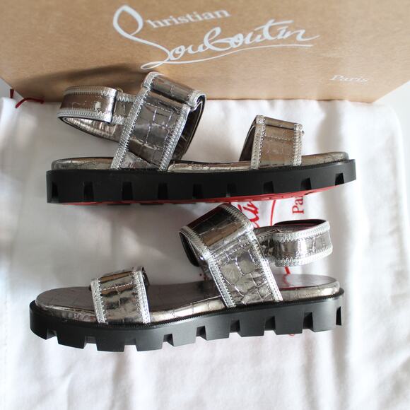 Christian Louboutin Lock Cool Metallic Croc-Embossed Leather Chunky Sandals - Picture 7 of 16